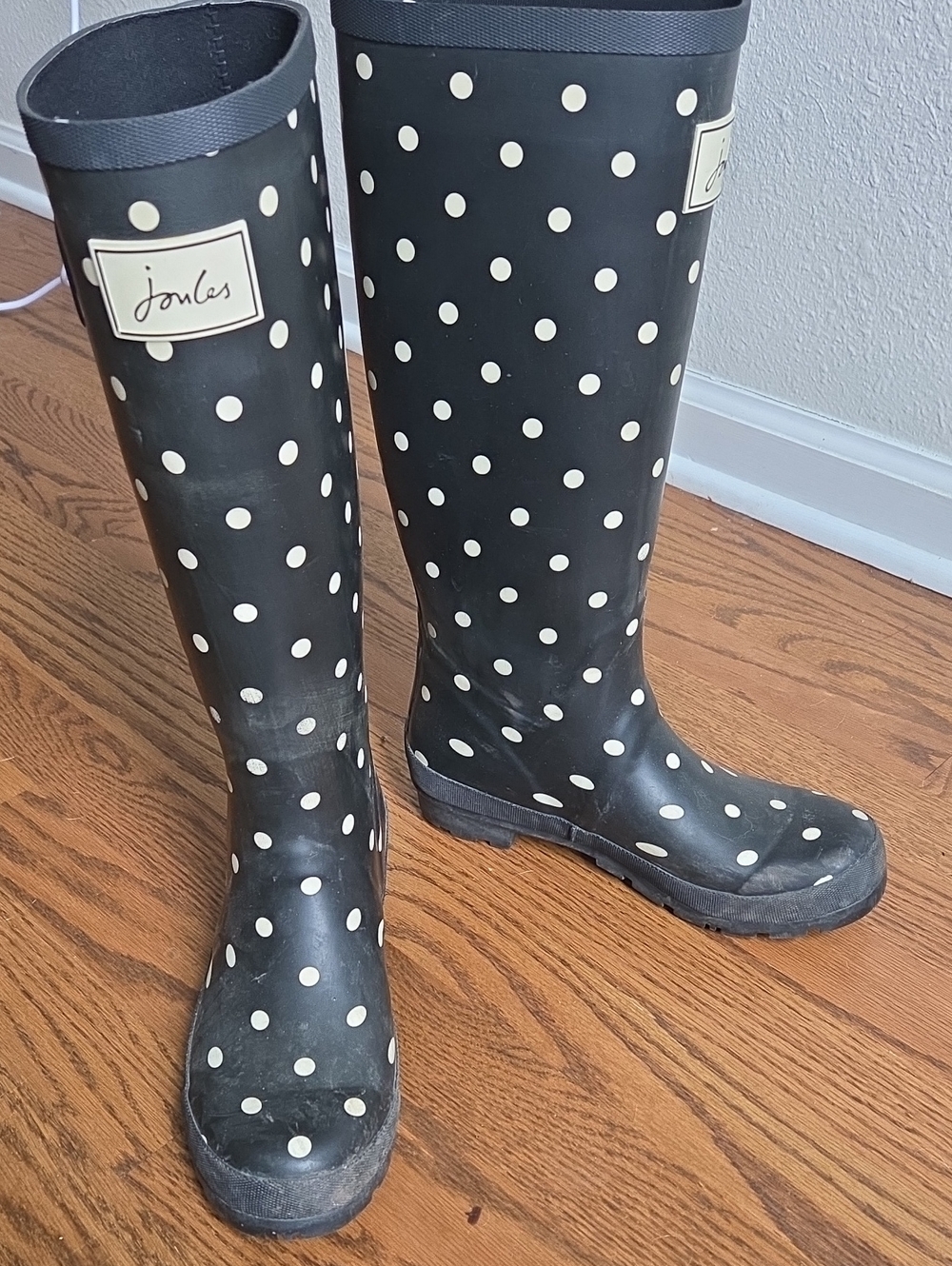 Joules Black and White Polka Dot Tall Rain Boots